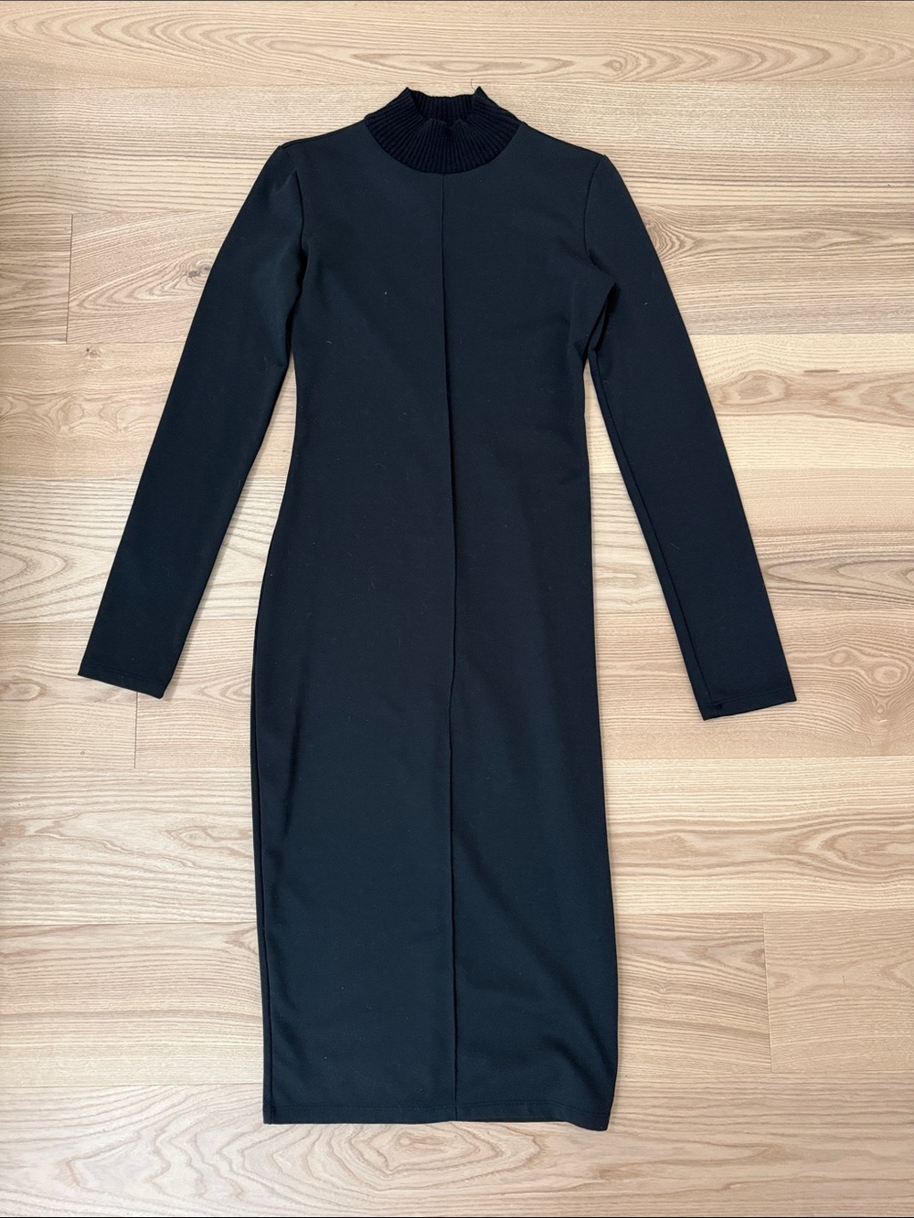 Zara Black Long Sleeve Midi Dress with Ribbed Mock Neck